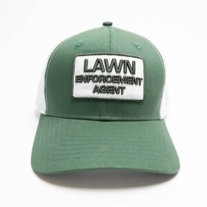 Green and White Patch Novelty Trucker Hat Lawn Enforcement Agency